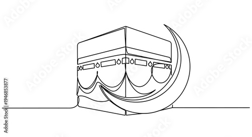 Kaaba and Crescent Moon Islamic Symbol Line Art Icon