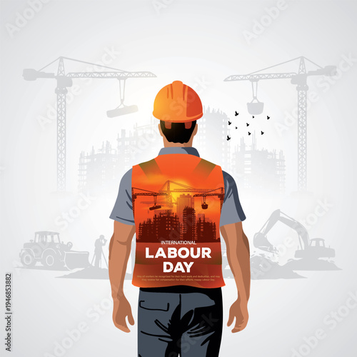 happy Labour day or international workers day vector illustration, site engineer, labour with safety cap going to construction site. labor day and may day celebration design.