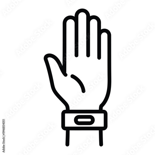 Line art of a hand with palm facing outward and wrist strap icon