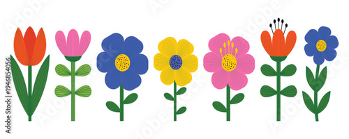 Cute colorful flowers flat vector illustration set