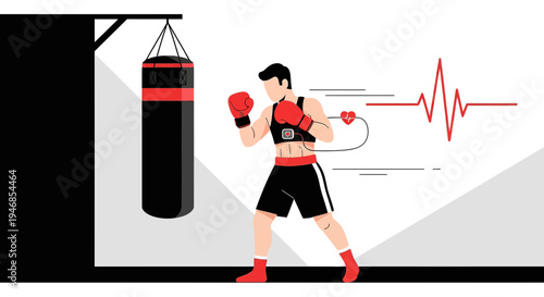 Boxer training with heart rate monitor, punching bag, and EKG line