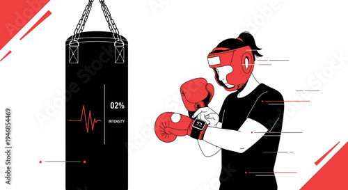 Boxer checking smartwatch during intense workout with punching bag, fitness tracking