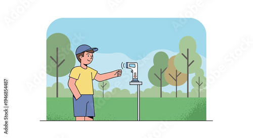 Boy using contactless thermometer in park, health check, outdoor screening, summer day
