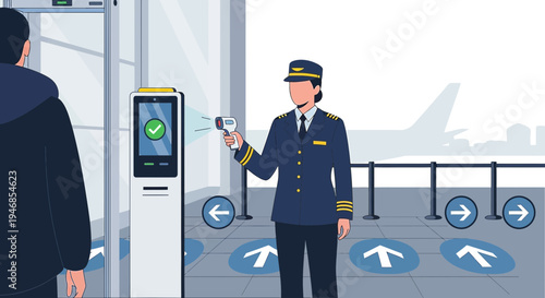 Airport security check: temperature screening and boarding pass scanner at gate