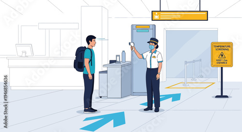 Airport security checks temperature of traveler with infrared thermometer, social distancing