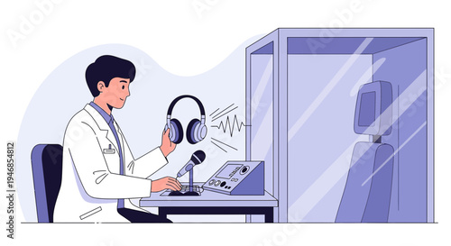 Audiologist performing hearing test with patient in soundproof booth