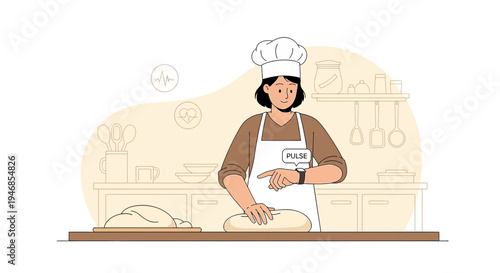 Baker checking time on smartwatch while kneading dough in kitchen