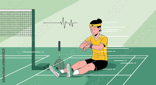 Badminton player resting on court, checking smartwatch, heart rate monitor