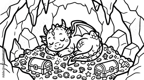Cute sleeping dragon resting on treasure hoard inside cave surrounded by gems coins and two chests line art vector