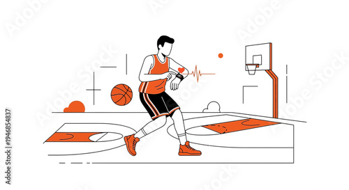 Basketball player checking smartwatch on court, heart rate monitor, fitness tracking