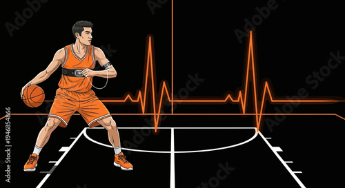Basketball Player with Heartbeat Monitor on Court