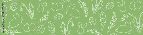 Easter banner with bunnies, tulips, snowdrops, willow catkins branches and eggs - vector illustration
