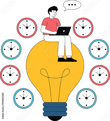A man sitting on a giant lightbulb with clocks around him