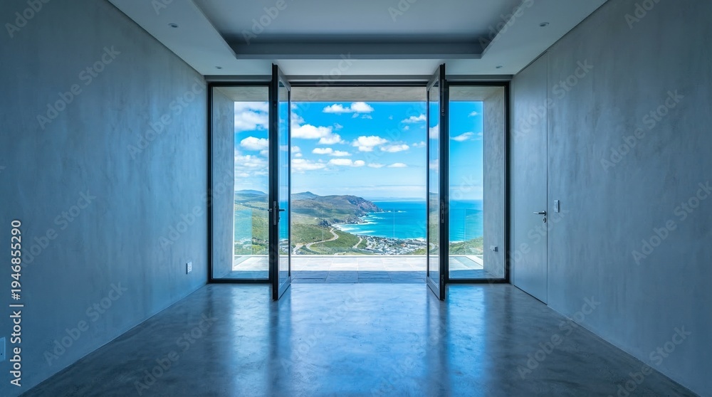 Fototapeta premium Modern luxury villa with open doors to stunning ocean and coastal view