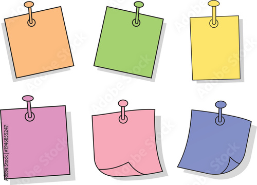 Colorful Sticky Notes Set with Pins, Blank Reminder Paper Notes Vector Illustration