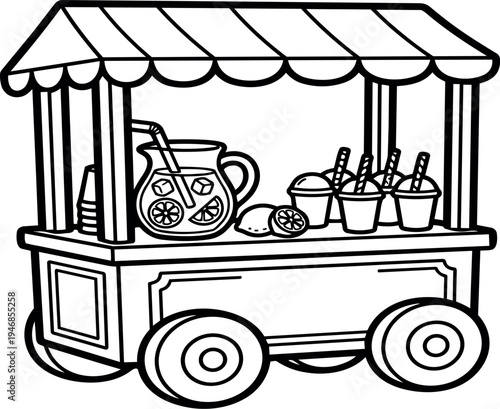 Black and white line art lemonade stand cart with jug cups straws fresh lemons in outdoor market scene