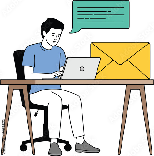 Man sitting at desk with laptop and envelope
