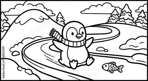 Cute cartoon penguin wearing scarf sliding on ice in snowy mountain landscape with fish and pine trees winter fun scene