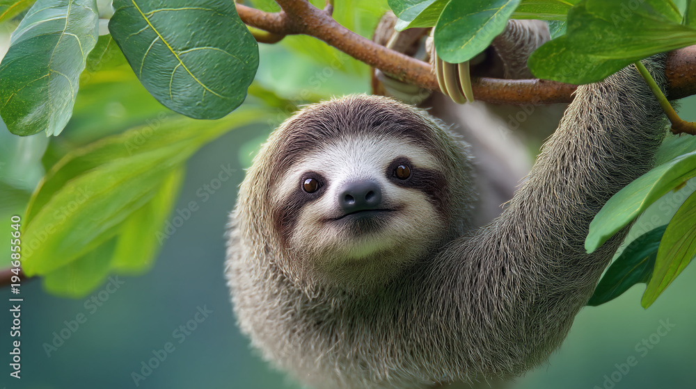 Fototapeta premium A sloth hangs from a tree branch looking directly at the camera