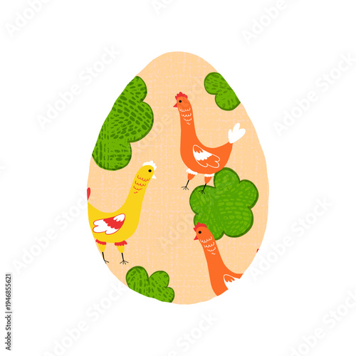 Easter egg decorated with colorful chickens with trendy grainy textures for festive seasonal greetings, vector illustration on a white background