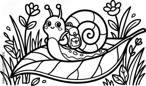 Cute smiling snail with a backpack sitting on large leaf surrounded by flowers grass and plants in outline vector art