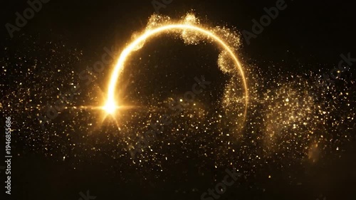 Golden sparkle light trail rotating on black background glowing particles abstract animation