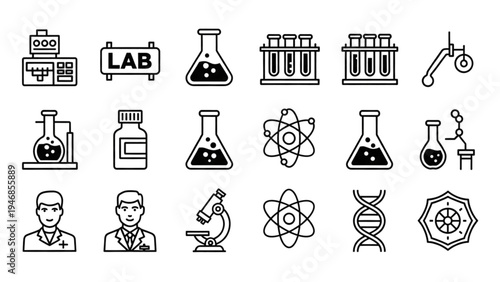 Vector Icon Sheet of Science Lab Equipment and Research Symbols