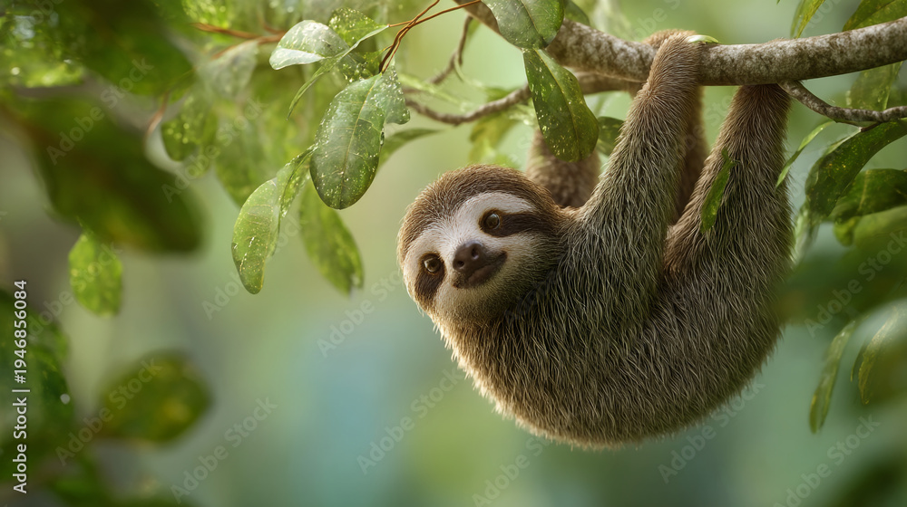 Fototapeta premium A slow-moving sloth hangs upside down from a tree branch