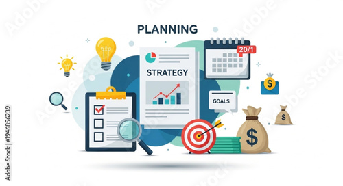 Business planning strategy with calendar and financial elements.