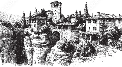 Meteora, Greece illustration on a white background. This vector illustration can be used in any size you like for advertising, logos, and other work.
