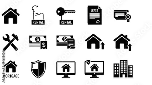 Vector Icon Sheet of Various Rental and Mortgage Icons for Real Estate