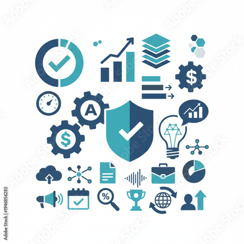 Comprehensive icon set illustrating modern business concepts like data analytics, financial management, strategic planning, security, and technological innovation for growth