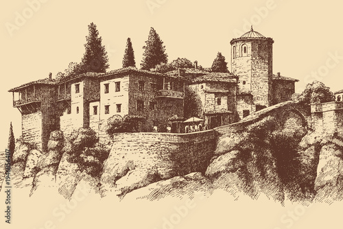 Meteora, Greece illustration in a vintage style. This vector illustration can be used in any size you like for advertising, logos, and other work.
