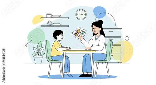 Child psychologist showing flashcards to a young boy in a therapy session