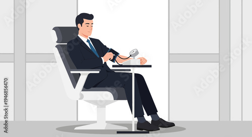 Businessman checks blood pressure while sitting in a modern office chair, health check concept
