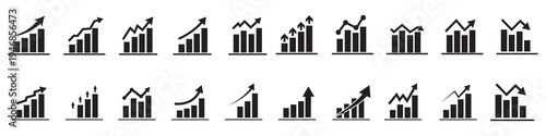 Growth icon set. Containing arrow up, growing graph, business chart icons. Vector illustration.