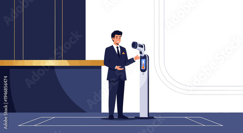 Businessman interacts with futuristic AI kiosk for security check and temperature screening