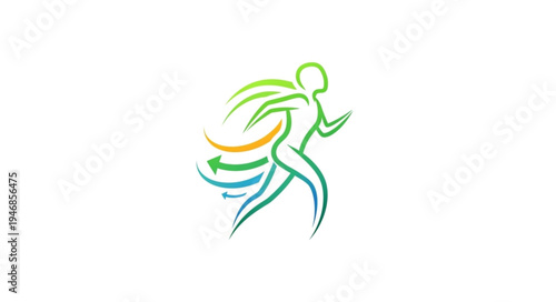 Stylized human figure running with colorful motion lines.