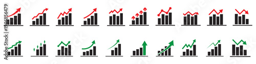 Growth icon set with arrows up and growing charts. Showing business performance, gain, improvement and development. Vector illustration isolated on transparent background