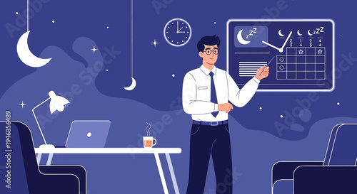 Businessman planning work schedule and sleep routine on a calendar at night