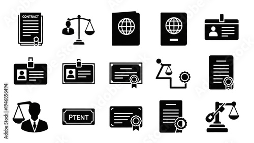 Vector icon sheet of legal documents and law symbols