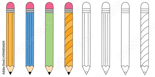 Hand-drawn cartoon and doodle set of pencils with erasers on a white background.