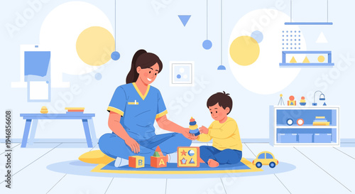 Caring caregiver plays with child in playroom, building blocks and toys