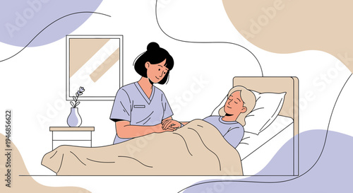 Caring Nurse Holding Elderly Patient's Hand in Hospital Bed