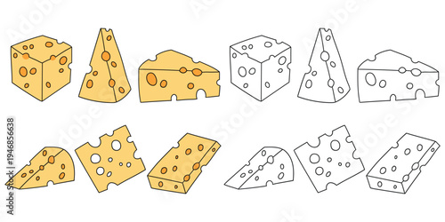 Hand-drawn cartoon and doodle set of slices of cheese on a white background.
