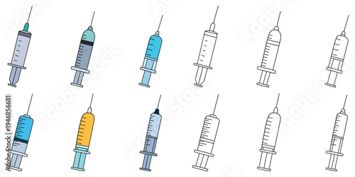Hand-drawn cartoon and doodle set of syringes on a white background.