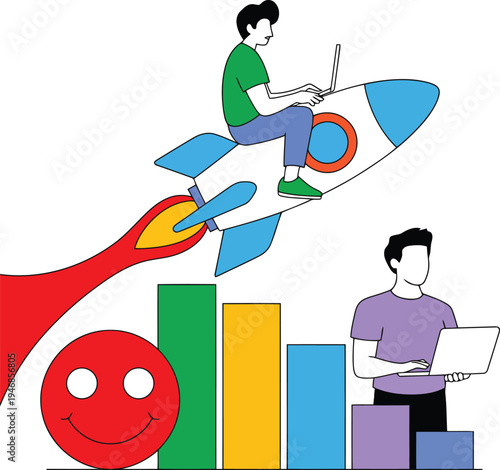 A man rides a rocket while another works on a laptop