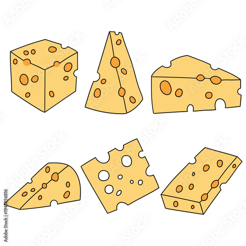 Hand-drawn cartoon set of slices of cheese on a white background.