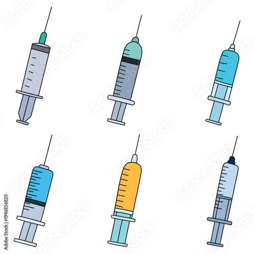 Hand-drawn cartoon set of syringes on a white background.