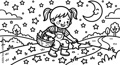 Black and white line art of smiling little girl collecting stars with basket under smiling moon on starry night landscape